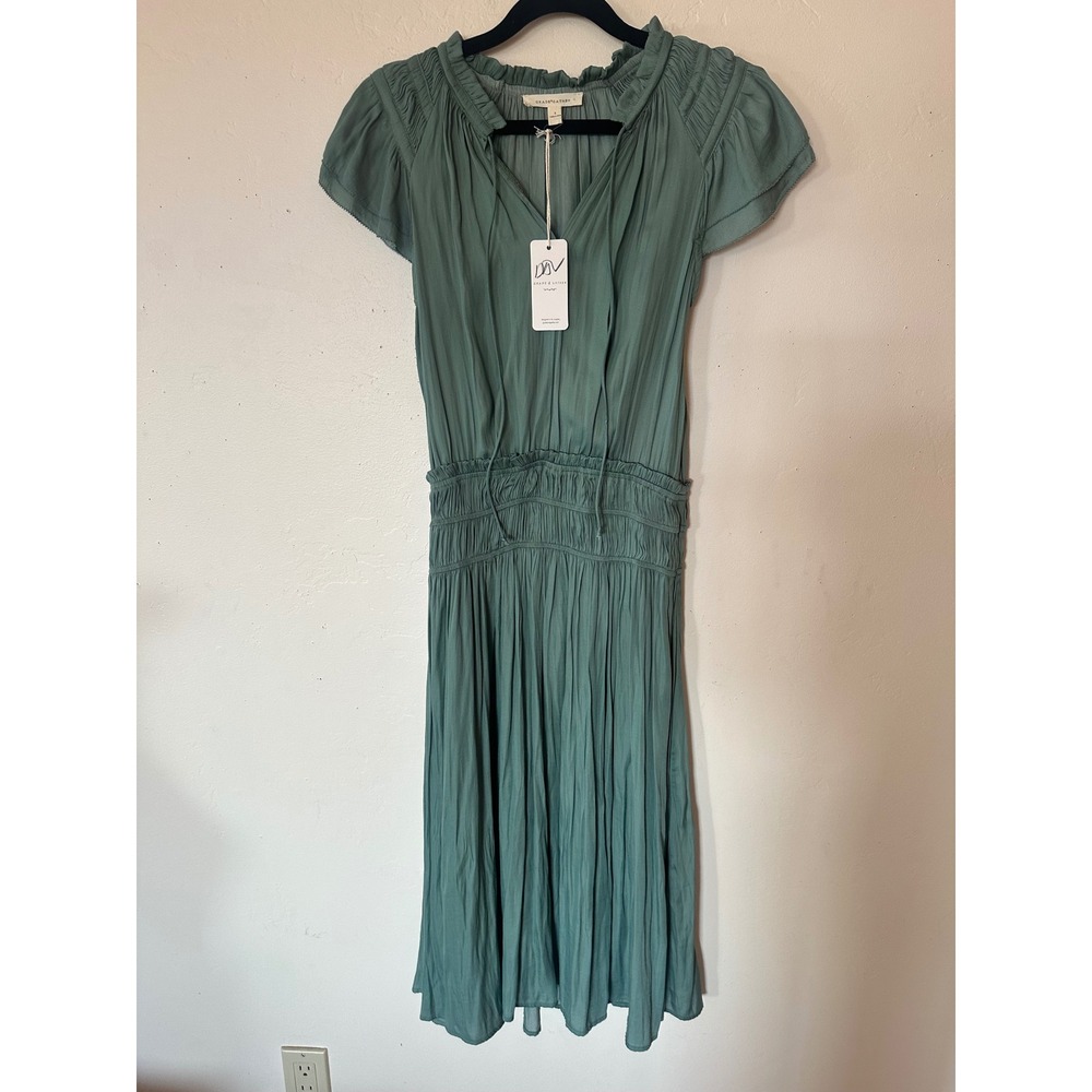 Grade & Gather Smocked Waist Ruffle Neck Midi Dress Sage Green Small NWT